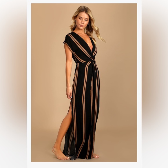 Lulus Other - LULUS COASTAL GROOVES BLACK AND BROWN STRIPED SWIM COVER-UP